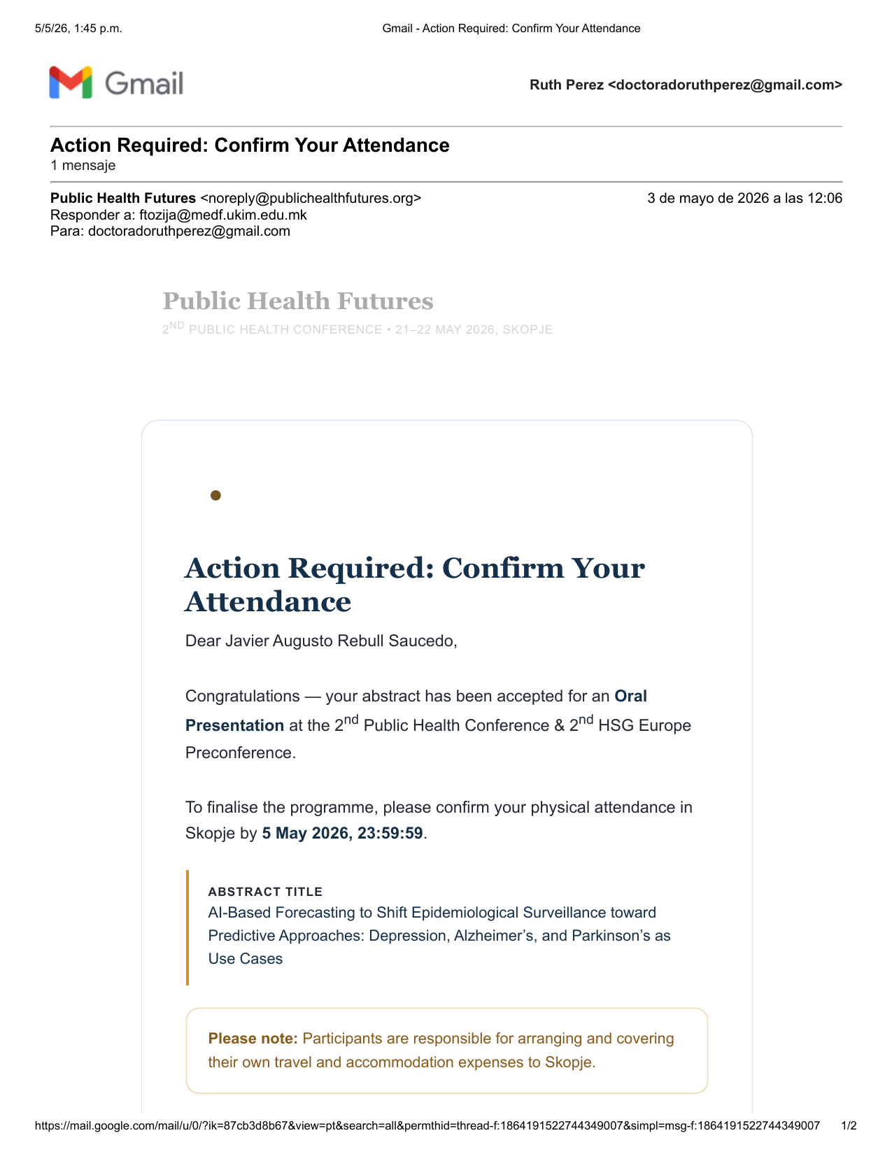 Correo de aceptación de Public Health Futures confirmando la ponencia oral del trabajo en la 2nd Public Health Conference y 2nd HSG Europe Preconference, Skopje, 21 y 22 de mayo de 2026.