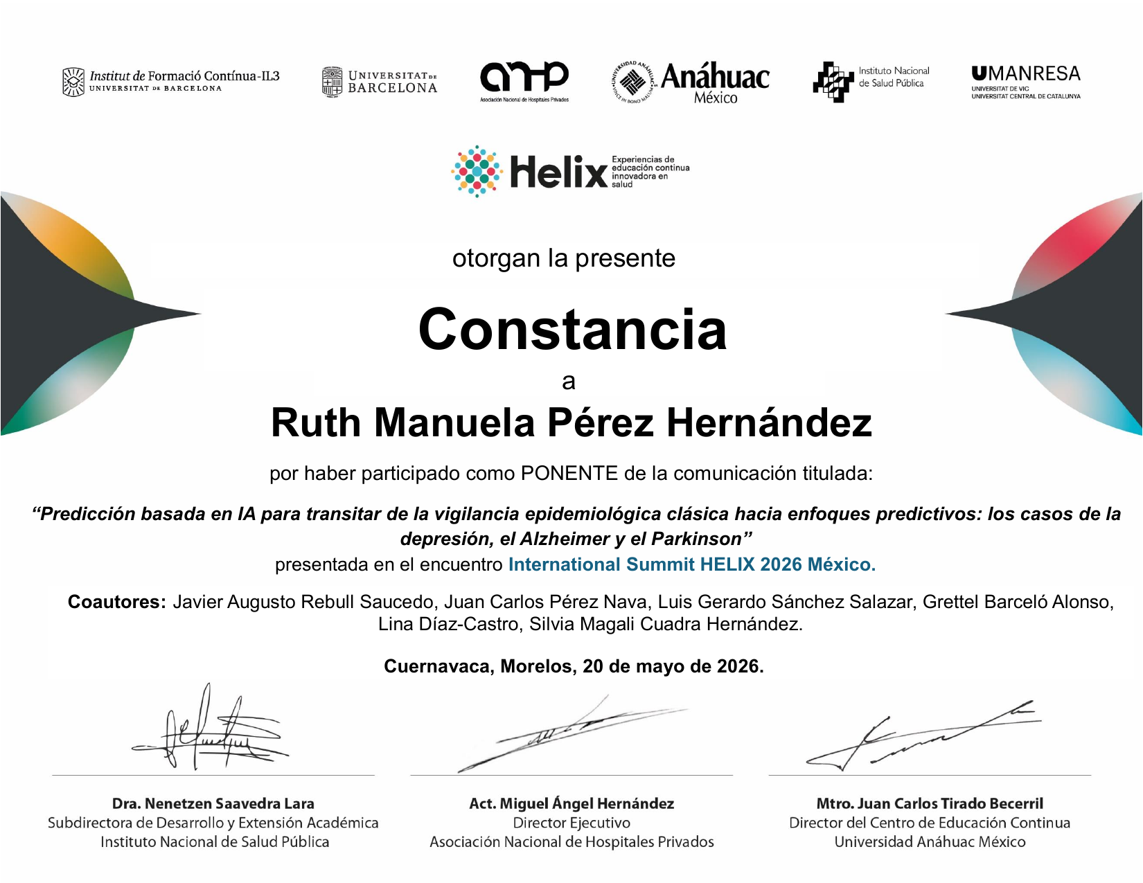 Constancia del International Summit HELIX 2026 México otorgada a la Dra. Ruth Manuela Pérez Hernández como ponente, Cuernavaca, Morelos, 20 de mayo de 2026.